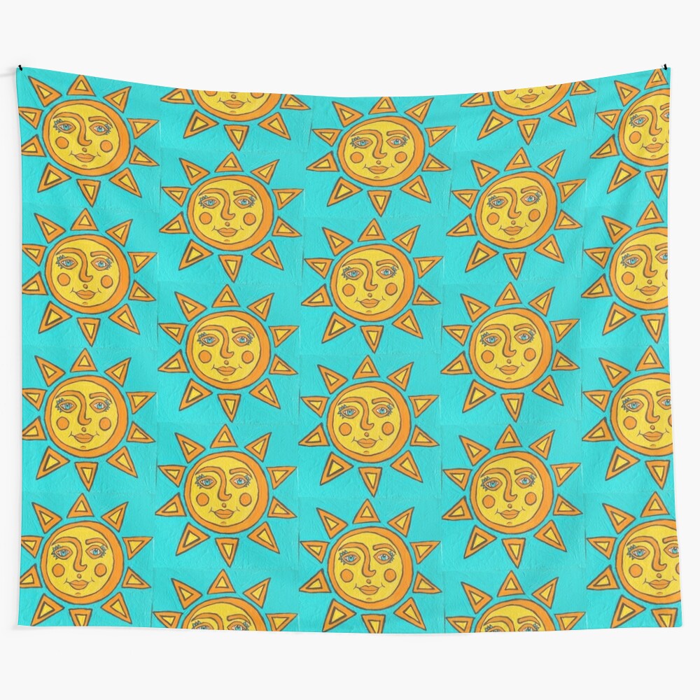 Vibrant hippie sun tapestry with bohemian celestial design