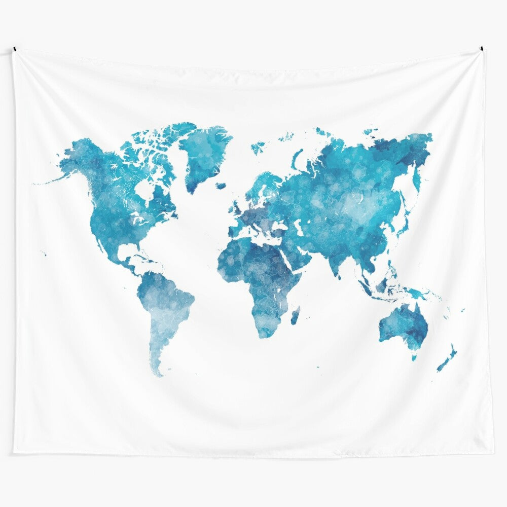 Watercolor world map tapestry with abstract, colorful design