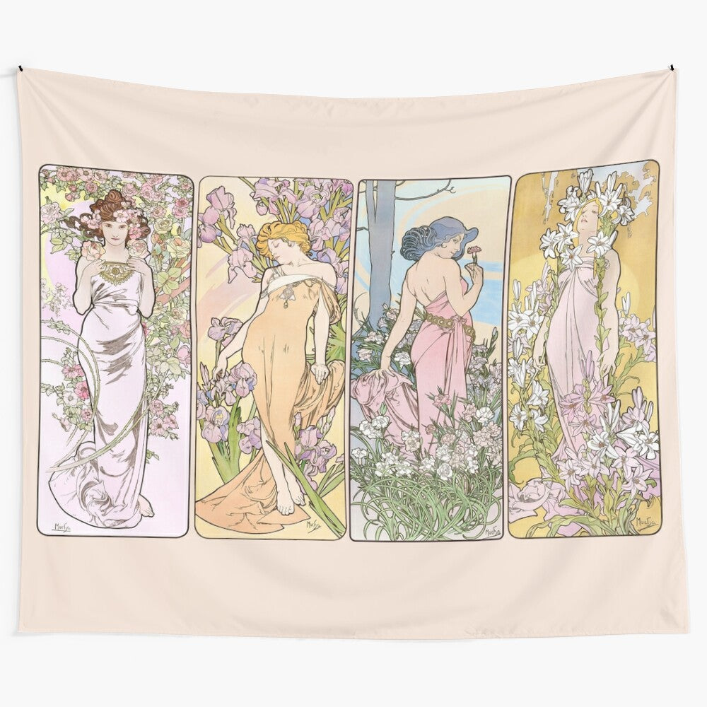 High definition tapestry featuring Alphonse Mucha's art nouveau painting "The Flowers"