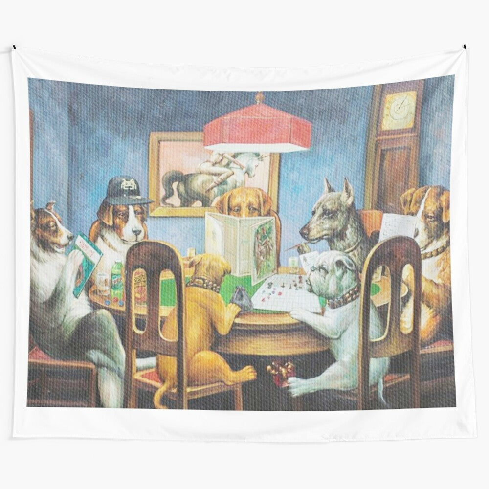 Colorful tapestry featuring dogs playing dungeons and dragons