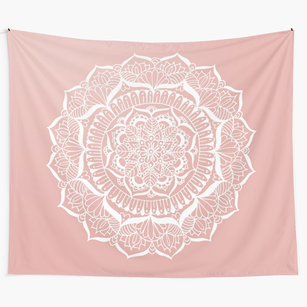 Pink and white mandala flower design on rose gold background wall hanging