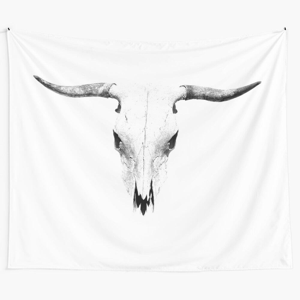 Black and white bull skull tapestry for modern, Scandinavian-inspired home decor