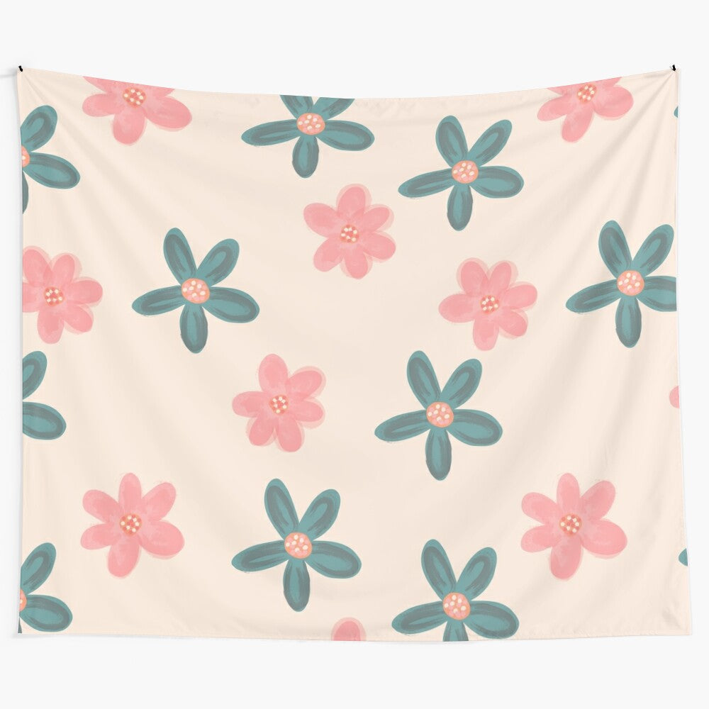 Minimalist green and pink floral tapestry wall art