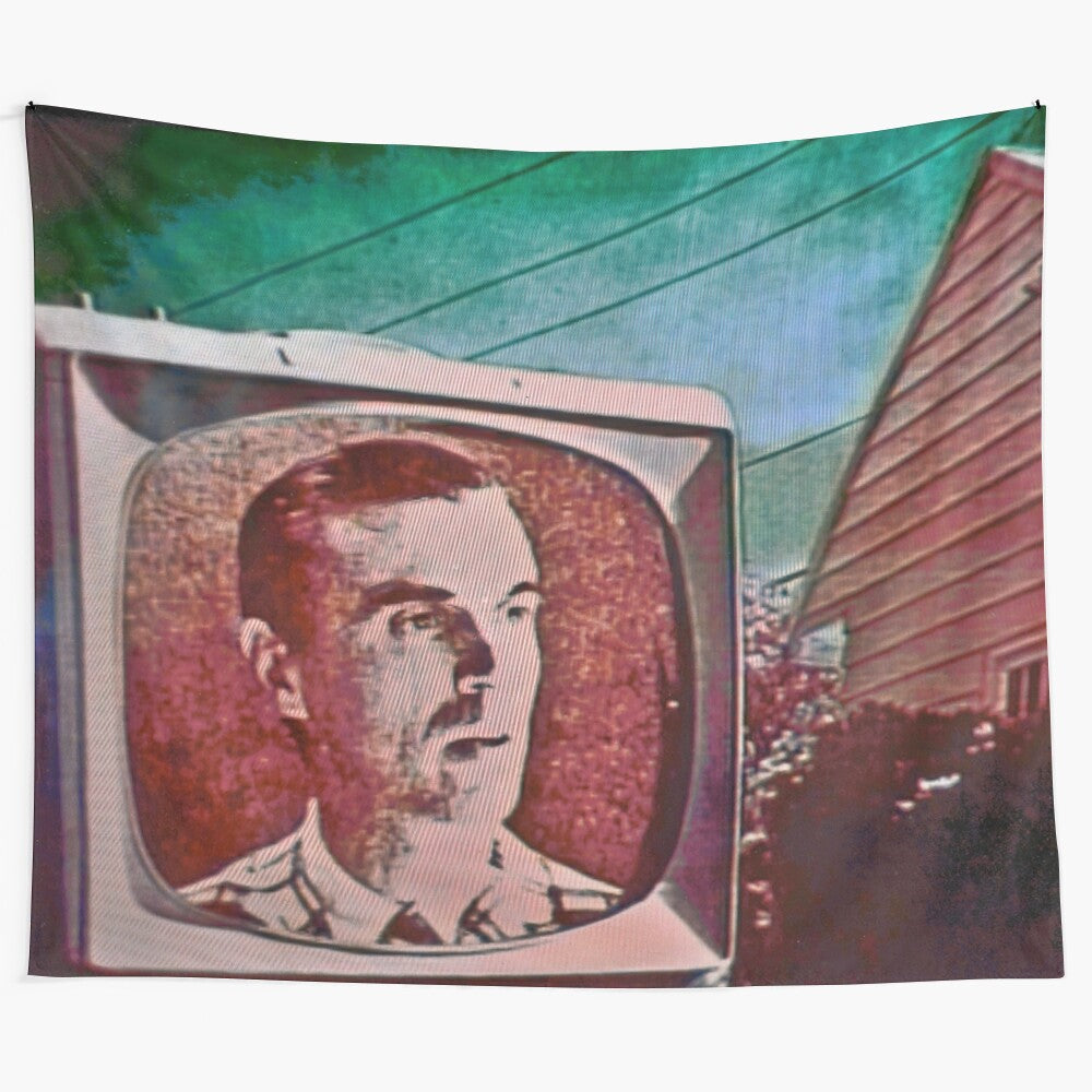 A tapestry depicting a talking head design, inspired by the Scottish band