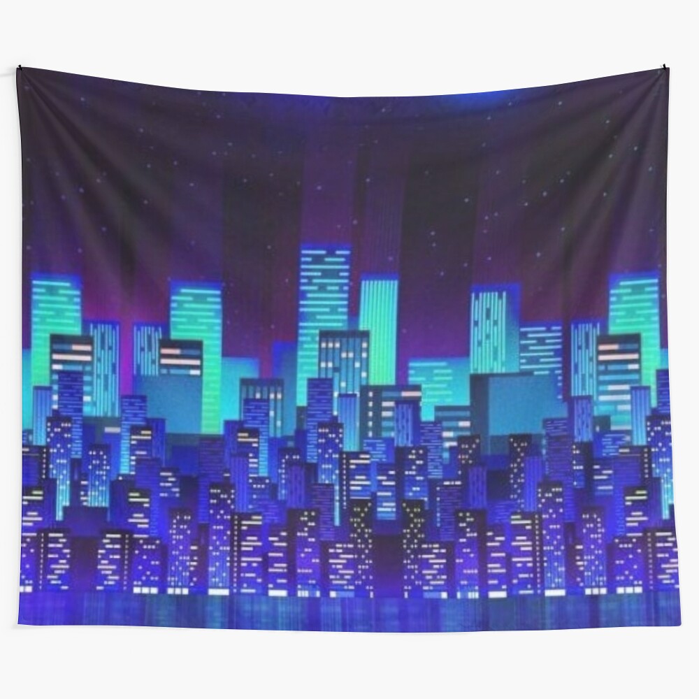 Synthwave tapestry featuring a neon city landscape with retro vibes