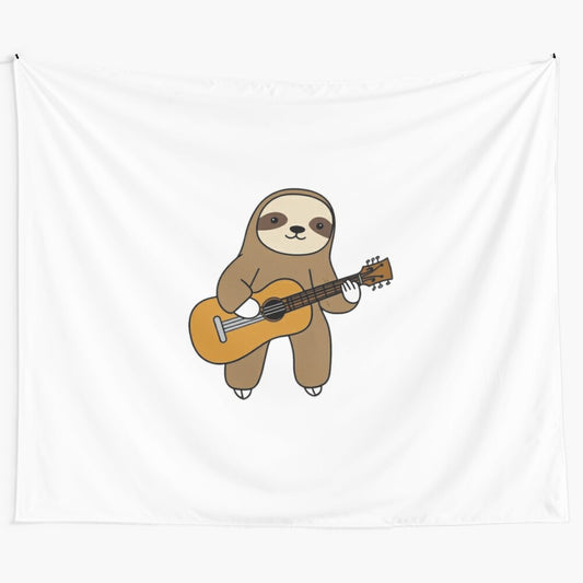 Sloth playing a guitar in a whimsical, artistic style on a tapestry