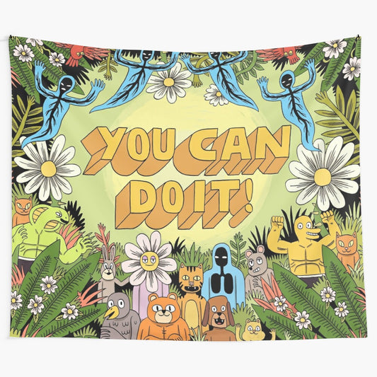 Colorful tapestry with cartoon animals and plants, inspiring positivity