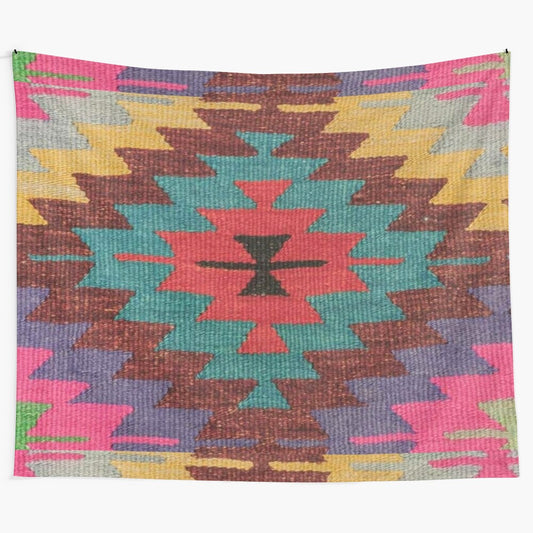 Colorful vintage-style tapestry with floral and tribal patterns