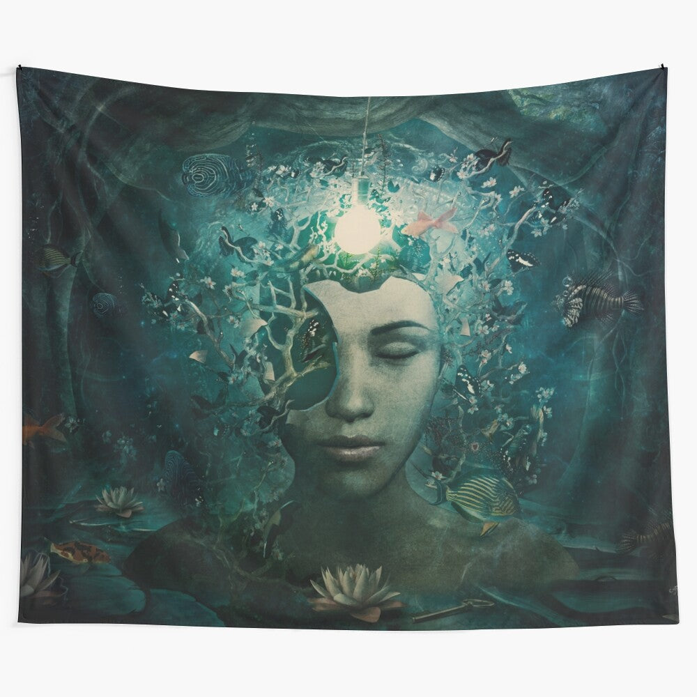 Surreal tapestry featuring underwater sea creatures and floral elements in a visionary, psychedelic style