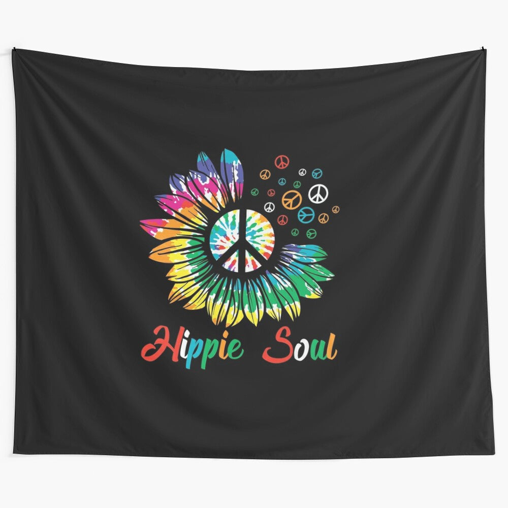 Colorful hippie flower children tapestry with peace signs and psychedelic patterns