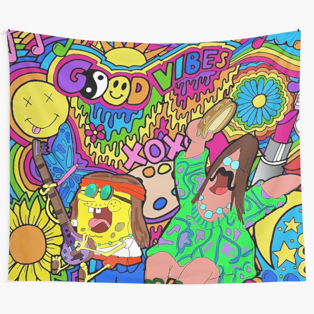 Vibrant and unique spongebob-themed tapestry with a hippie aesthetic