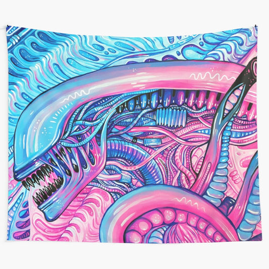 Colorful pastel cotton candy alien acrylic painting on tapestry wall art