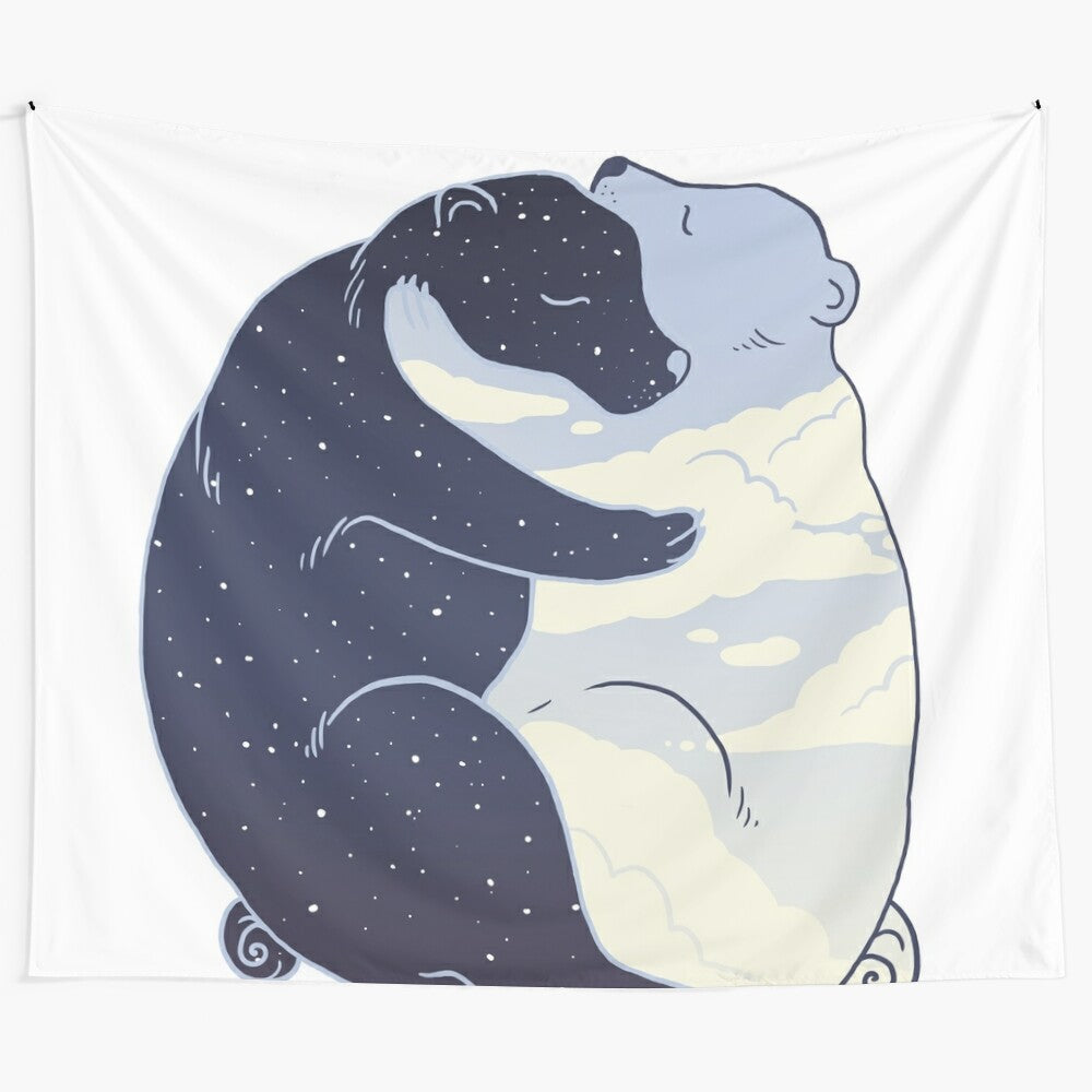 A beautiful tapestry depicting a bear hugging under the day and night sky