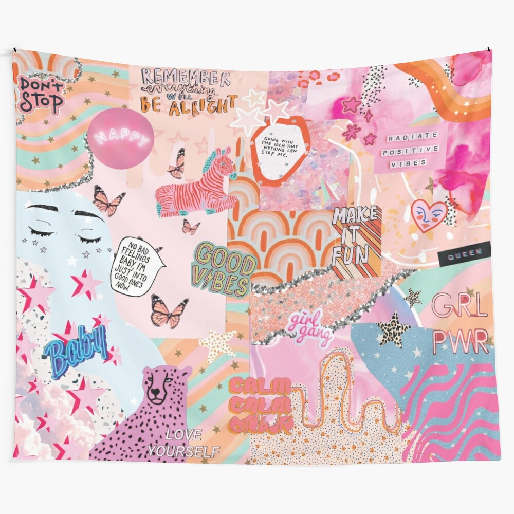 Stylish pink and blue collage tapestry featuring cheetah print, fashion icons, and sorority inspired design