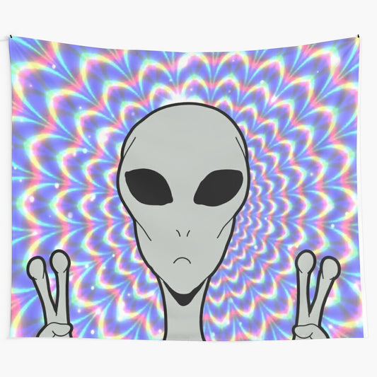 Holographic alien tapestry with trippy, space-inspired design