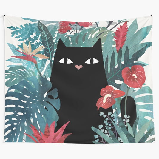 Vibrant tropical floral tapestry with a black cat, focus keyword "tropical tapestry"