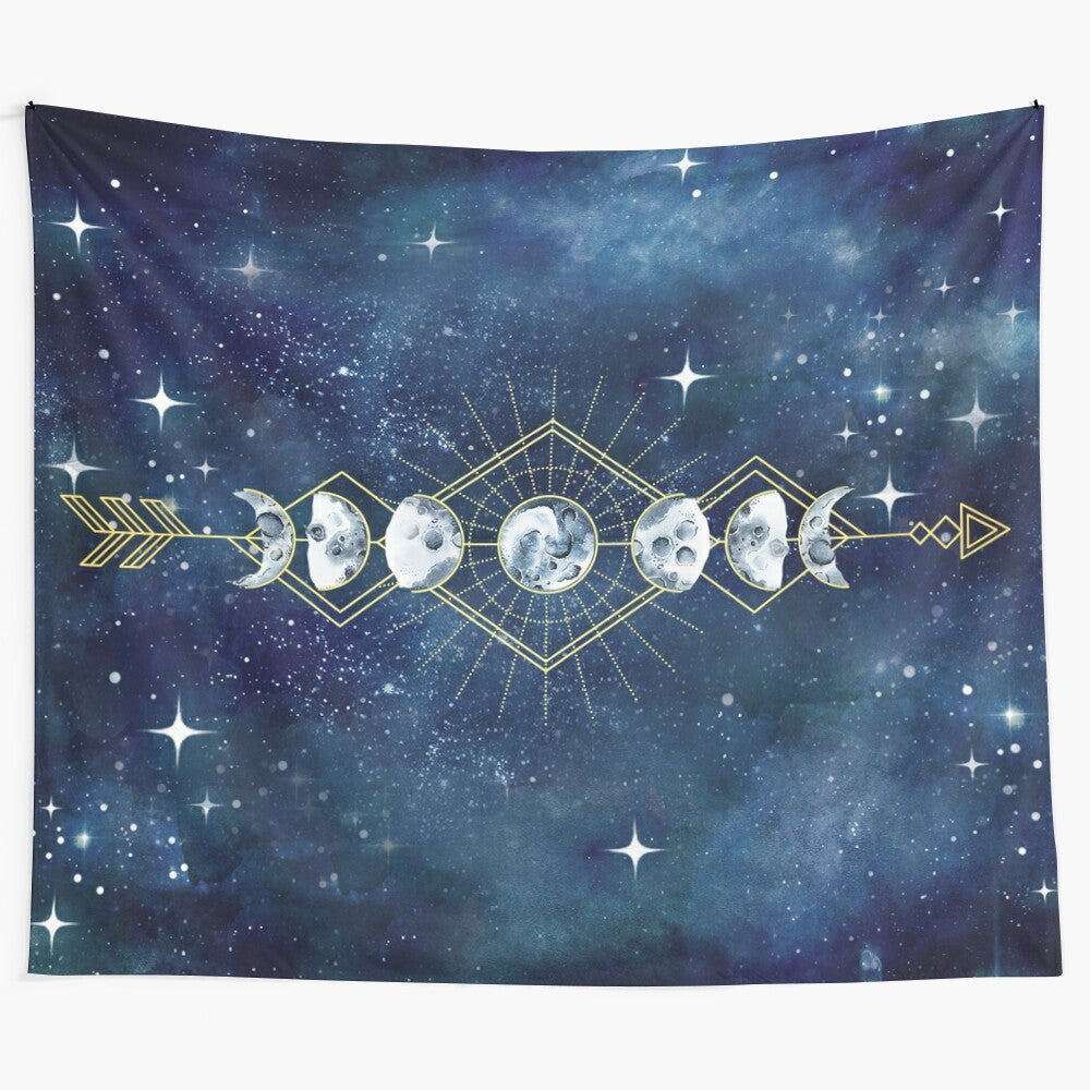 Watercolor moon cycle and arrow design tapestry wall hanging