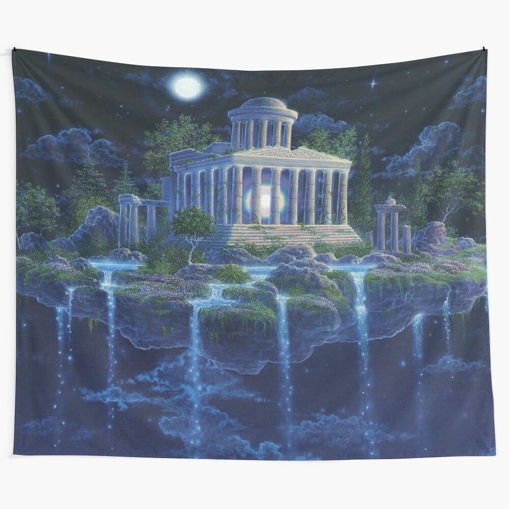 Stunning fantasy art tapestry depicting a mystical castle under a glowing moon