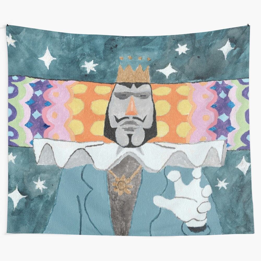 Katamari-inspired tapestry featuring the King in a space and cosmos design