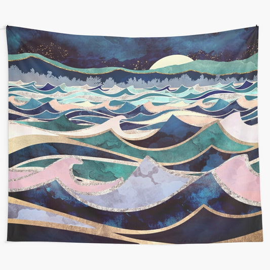 Enchanting watercolor tapestry depicting a moonlit ocean scene with night sky and celestial elements