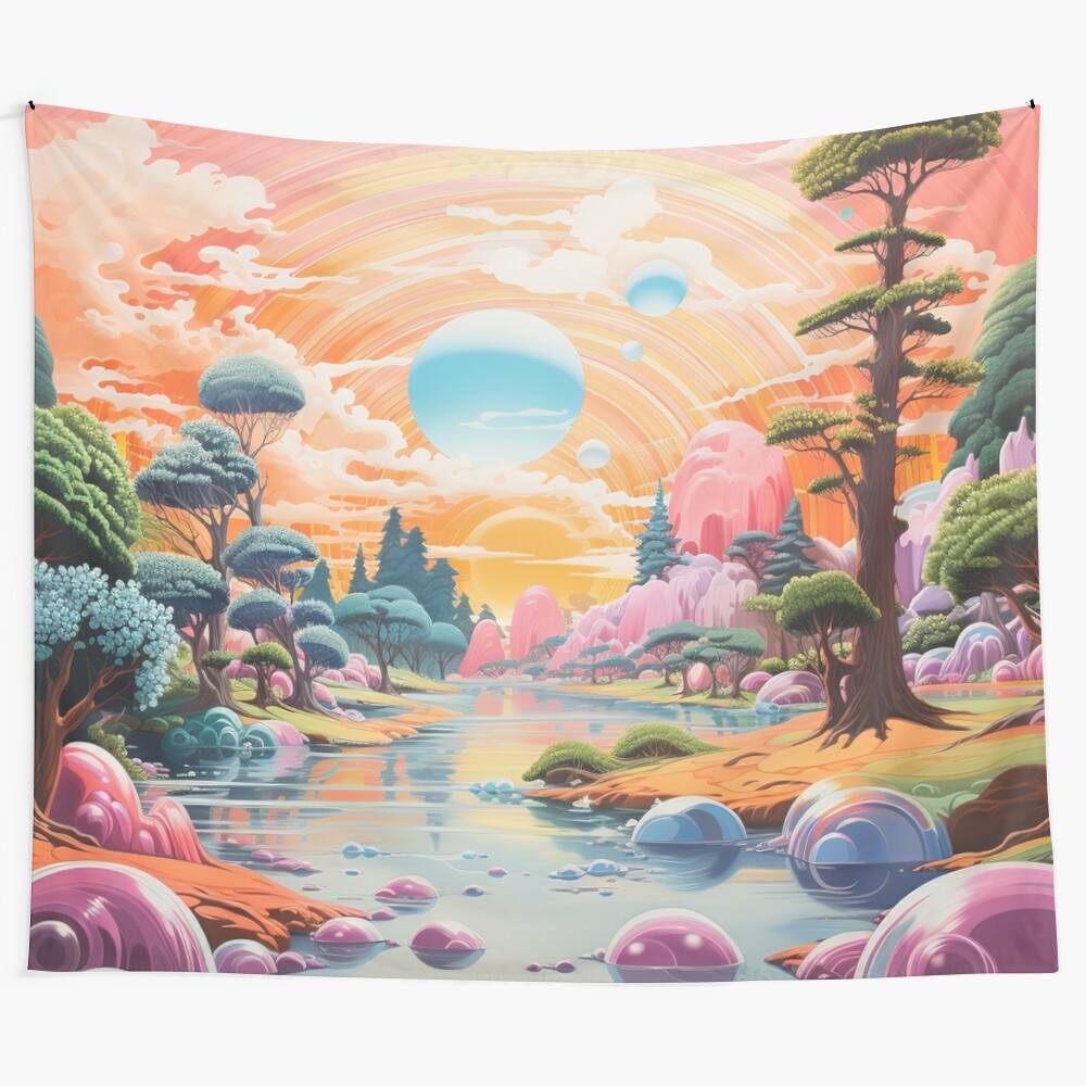 Colorful psychedelic landscape tapestry with a serene river scene and vibrant sunset