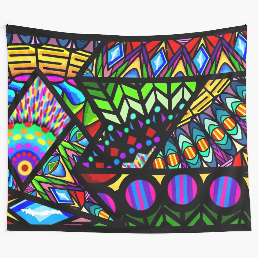 Vibrant fractured mandala tapestry with hidden face and rainbow colors