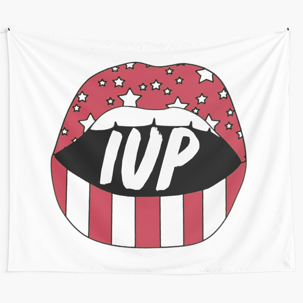 IUP Crimson Hawks Lips Tapestry featuring stars and crimson/white colors