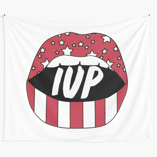 IUP Crimson Hawks Lips Tapestry featuring stars and crimson/white colors