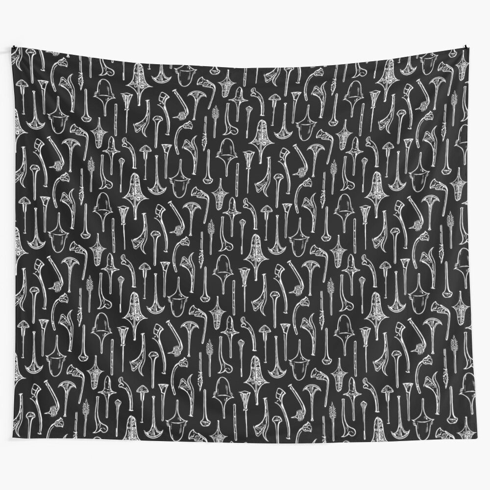 Black and white tapestry featuring a repeating pattern of Fijian war clubs