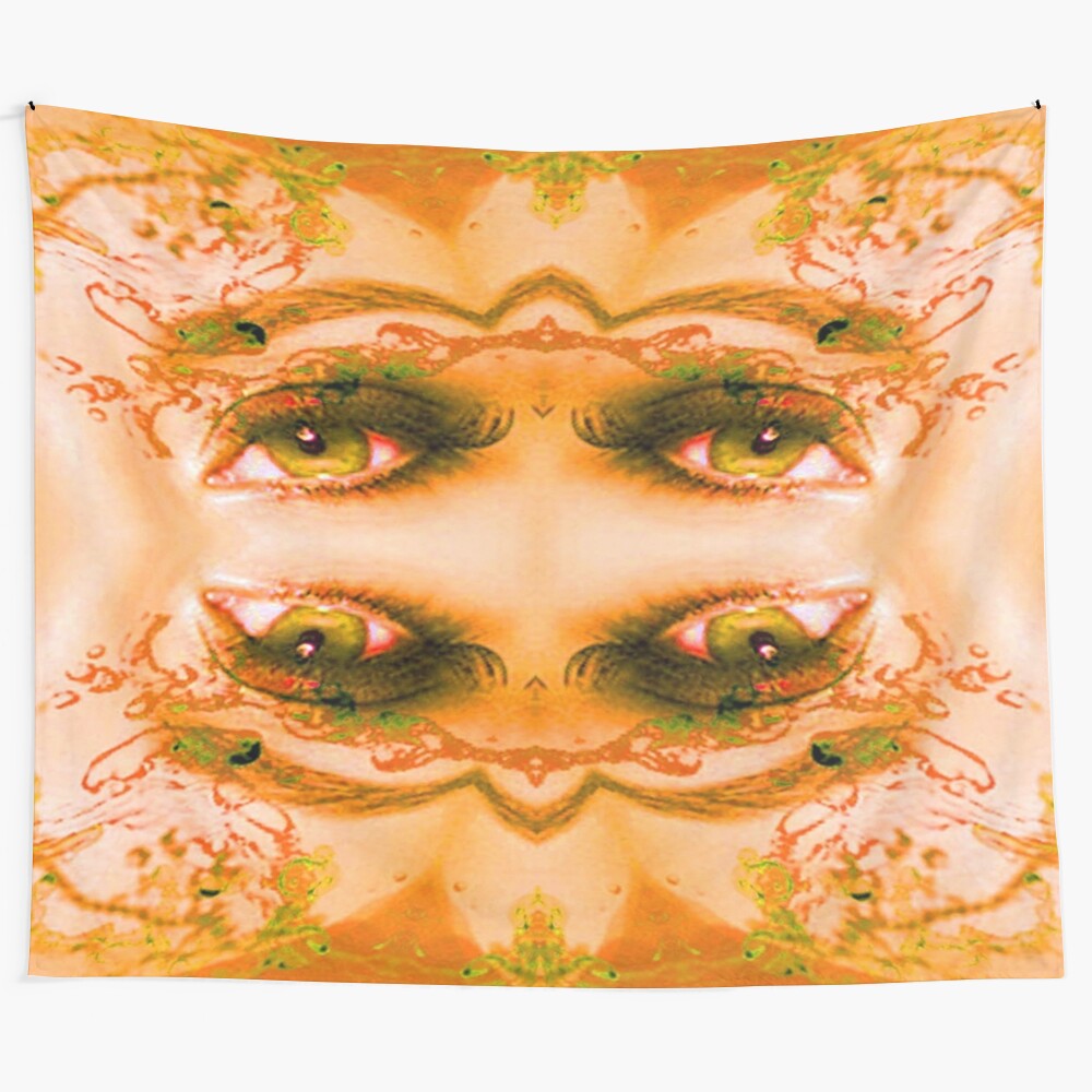 Abstract golden eyes tapestry featuring vibrant colors and patterns