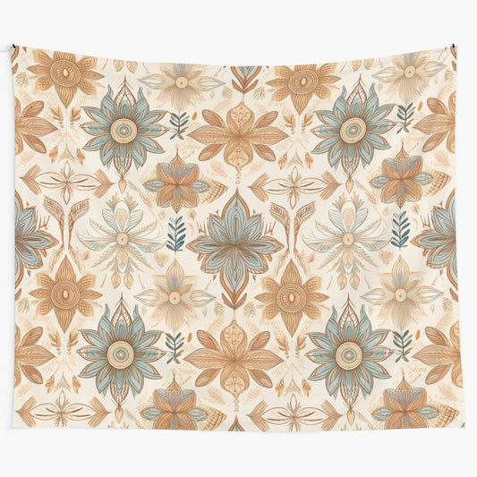 Retro boho tapestry with terra cotta hues and hippie-inspired patterns