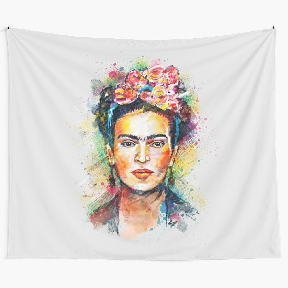 Frida Kahlo inspired tapestry with vibrant abstract portrait artwork