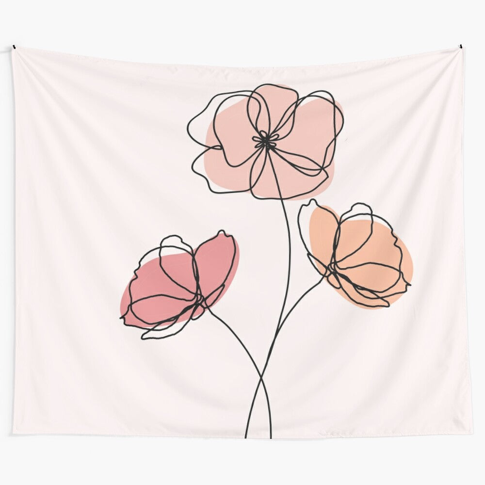 Poppies floral line art tapestry with pink and peach accents