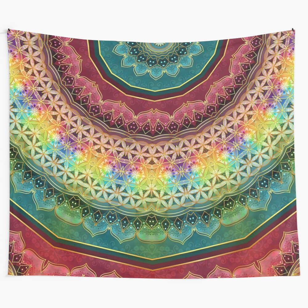 Vibrant mandala tapestry with geometric and spiritual design