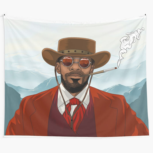 Vintage-style Django Unchained movie tapestry featuring Quentin Tarantino's iconic western film