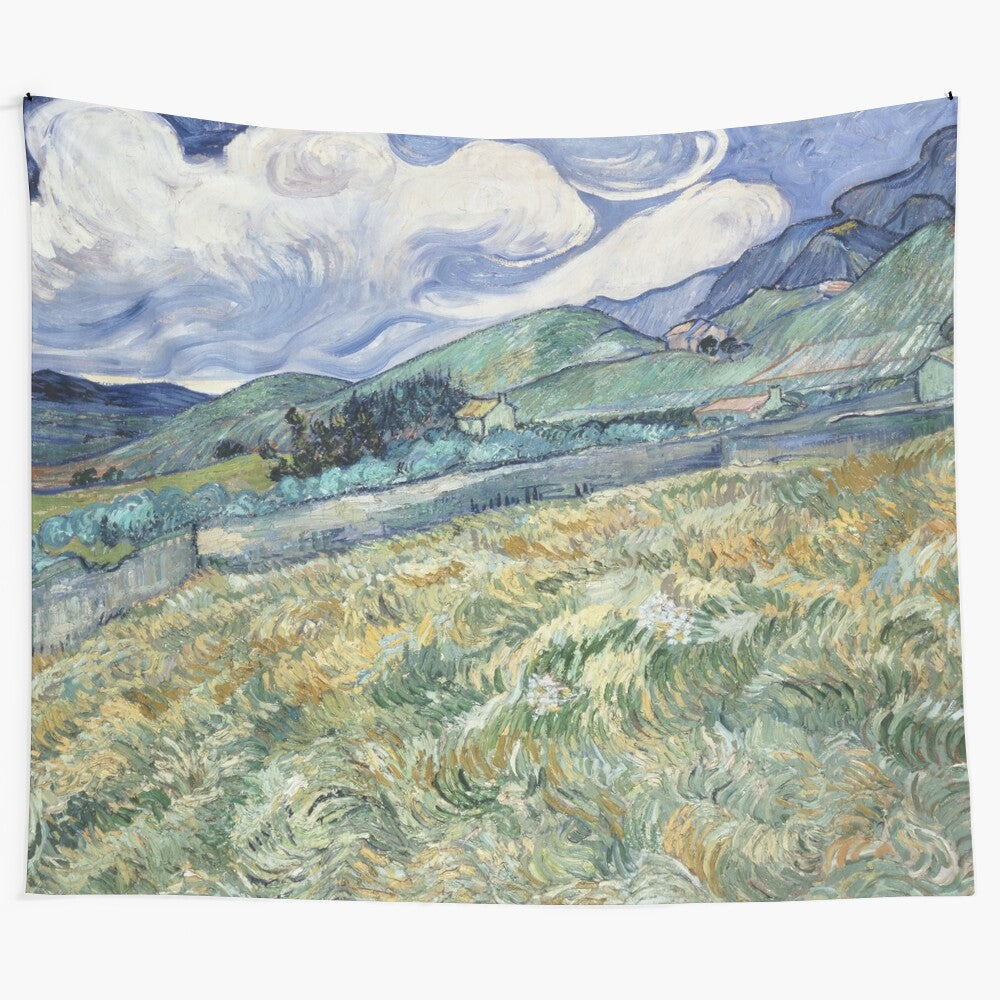 Van Gogh-inspired landscape tapestry featuring a nature scene with mountains, clouds, and fields in violet and yellow tones