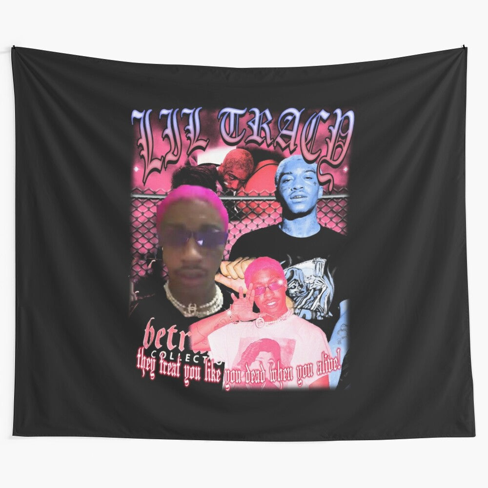 Lil Tracy themed tapestry featuring goth, emo, and punk imagery