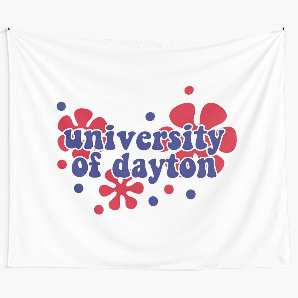 Colorful groovy tapestry featuring the University of Dayton logo