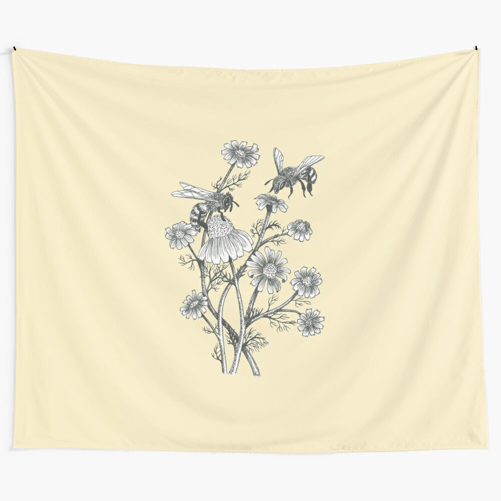 Elegant black and white tapestry design featuring bees and chamomile flowers