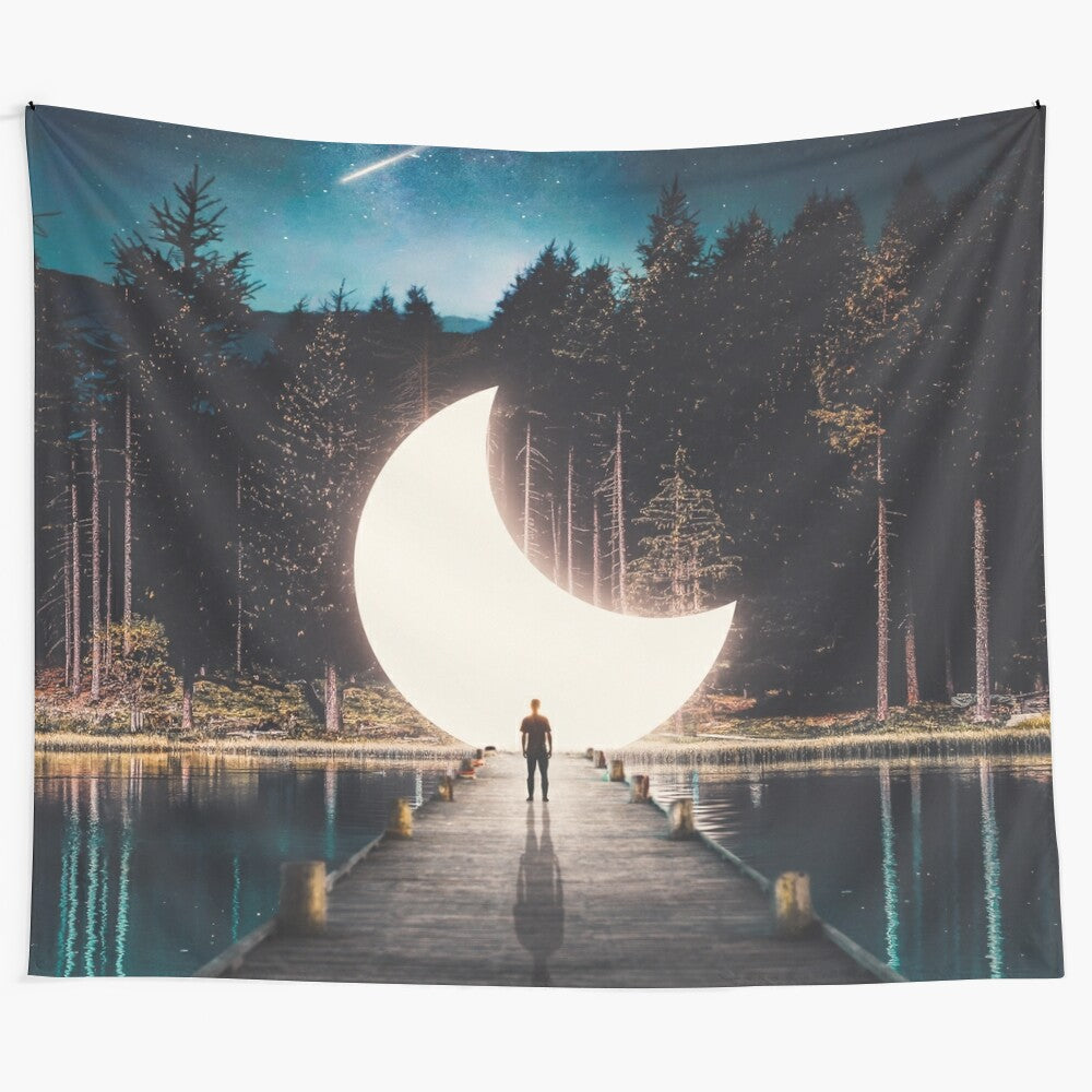 Surreal fantasy landscape tapestry featuring a silhouetted figure on a boardwalk by a lake, with a night sky full of stars, the Milky Way, and a crescent moon.