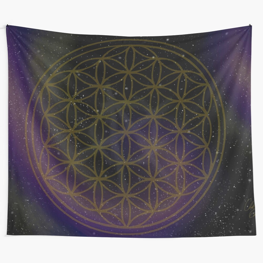 Cosmic tapestry featuring a galaxy and sacred geometry design