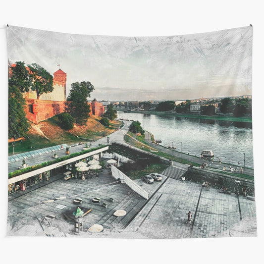 Cracow city tapestry featuring the iconic Wawel architecture in watercolor style