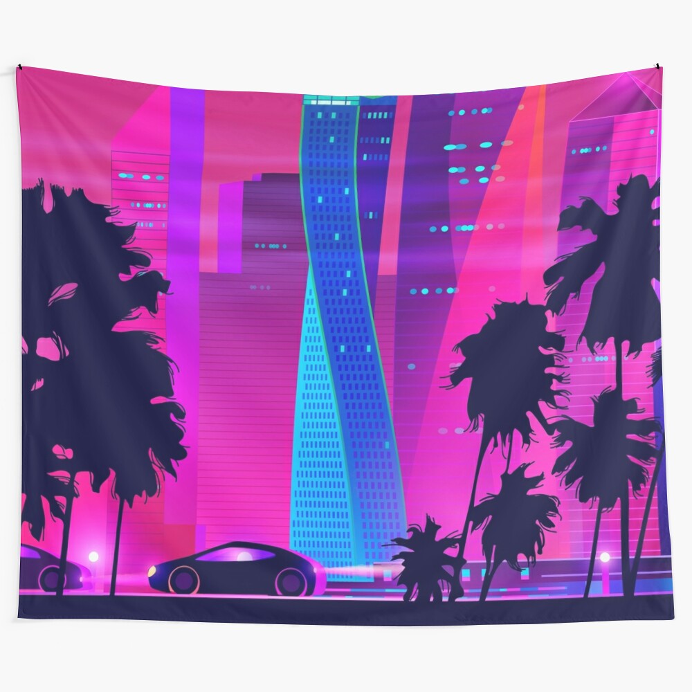 Synthwave neon city tapestry featuring a futuristic Miami-inspired landscape