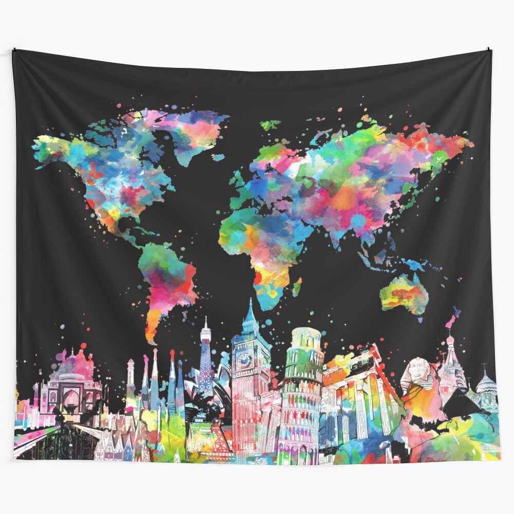 Vibrant abstract world map tapestry for home decor