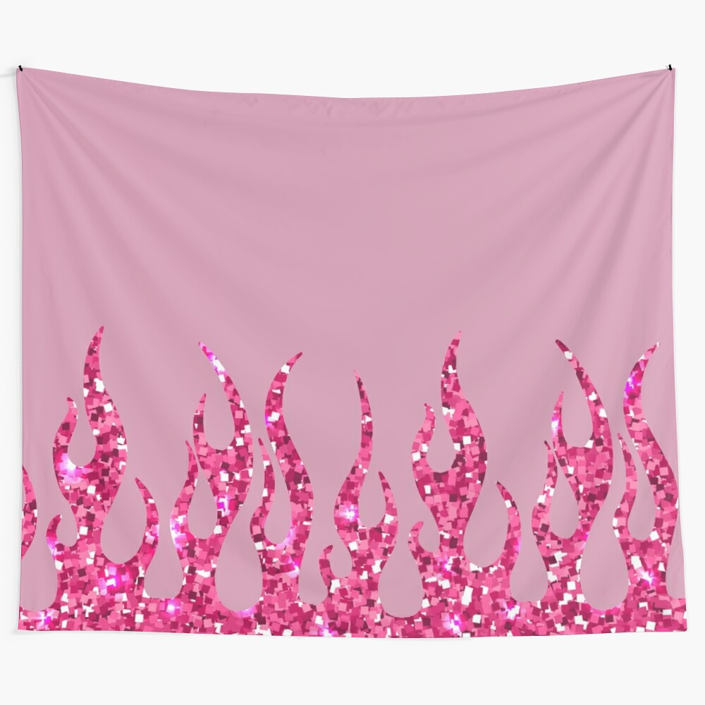 Vibrant pink glitter flames tapestry with a modern, chic design