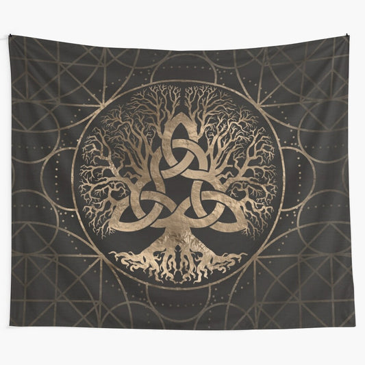 Handcrafted tapestry featuring the Yggdrasil, the sacred tree of life, and the triquetra symbol