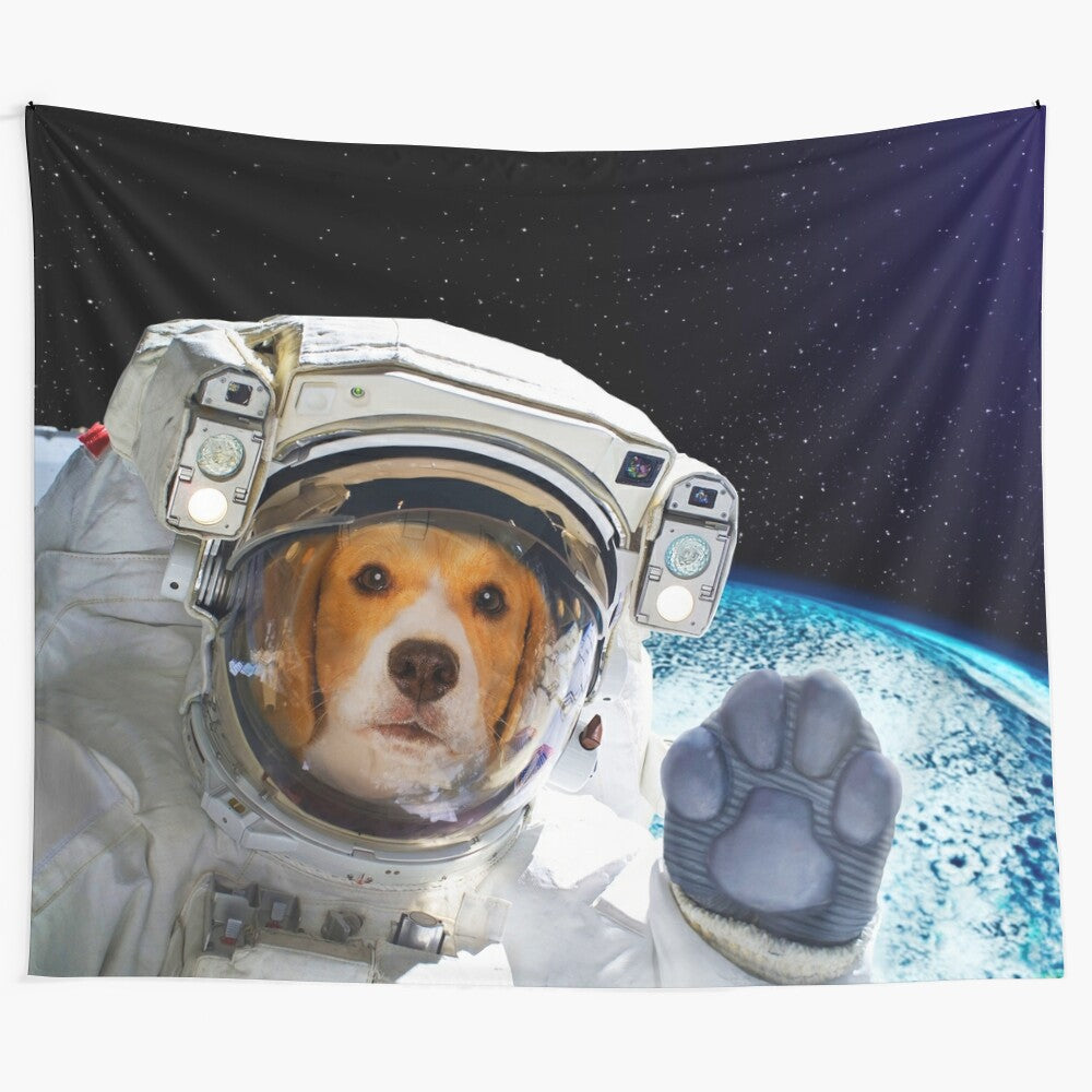 Funny dog astronaut tapestry with dog in space suit exploring moon and earth