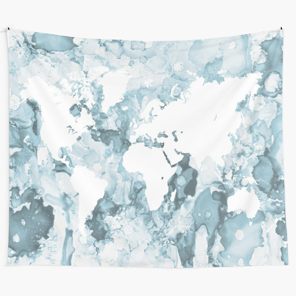 Detailed world map tapestry with blue and white colors showcasing continents and countries