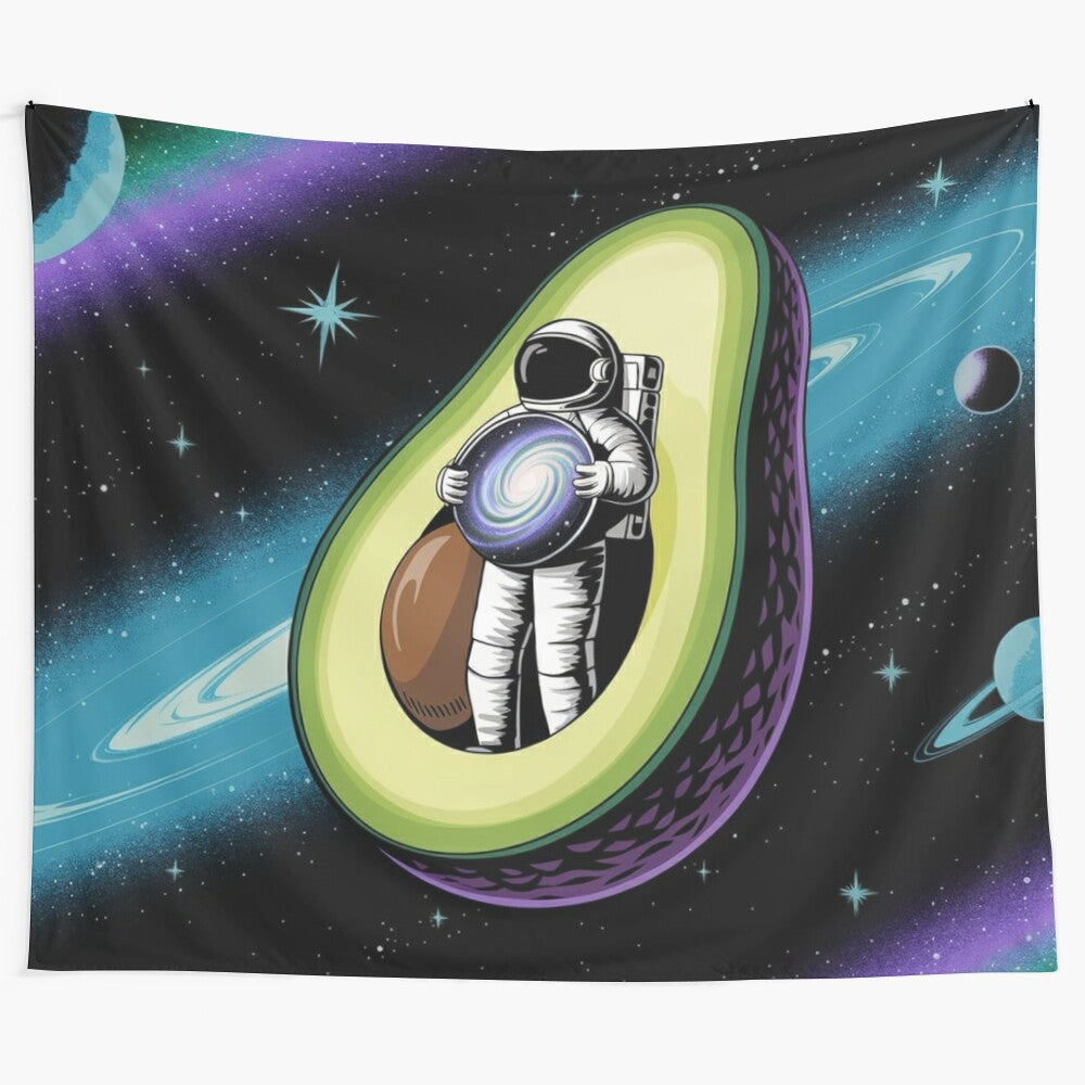 Surreal cosmic astronaut in an avocado-themed space art illustration tapestry