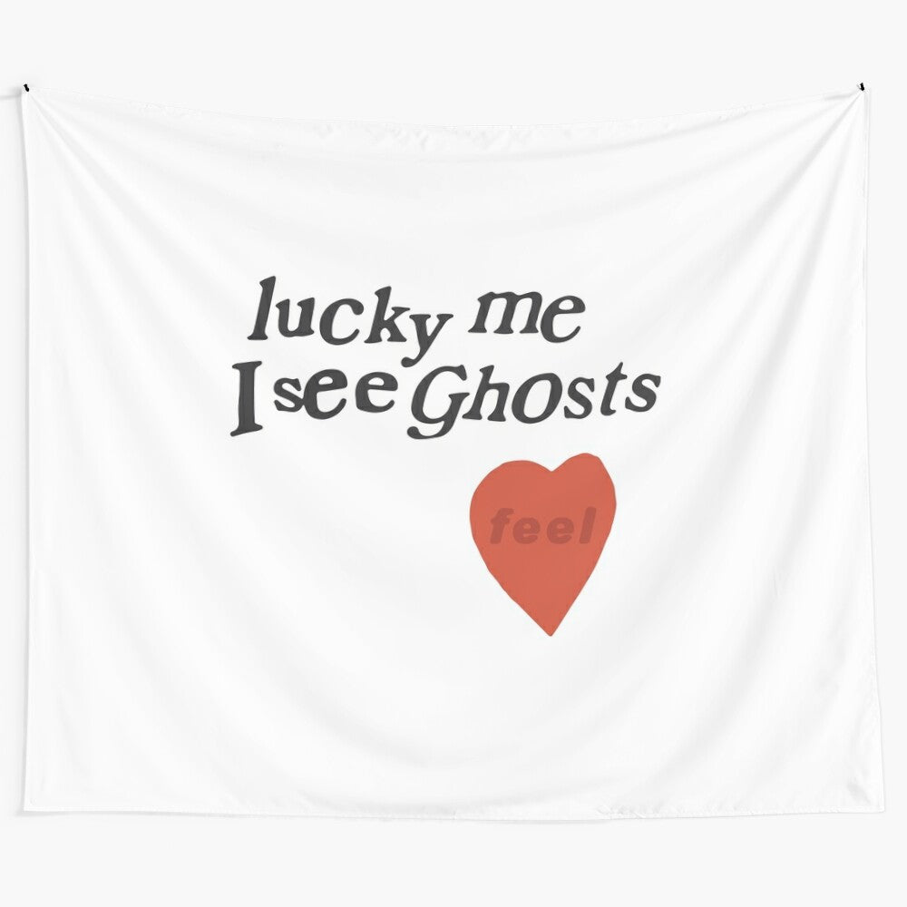 Lucky Me Heart-Inspired Tapestry featuring a ghostly design, a nod to Kanye West and Kid Cudi's collaborative project Kids See Ghosts